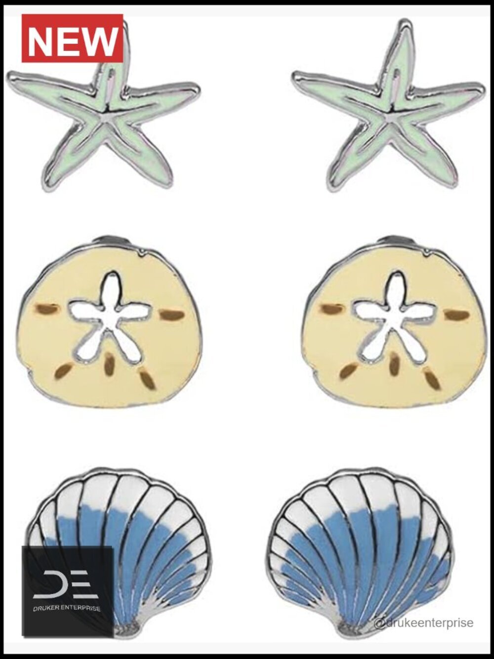 Beach Stud Earrings Set of 3 Starfish Sand Dollar Shell Studs
